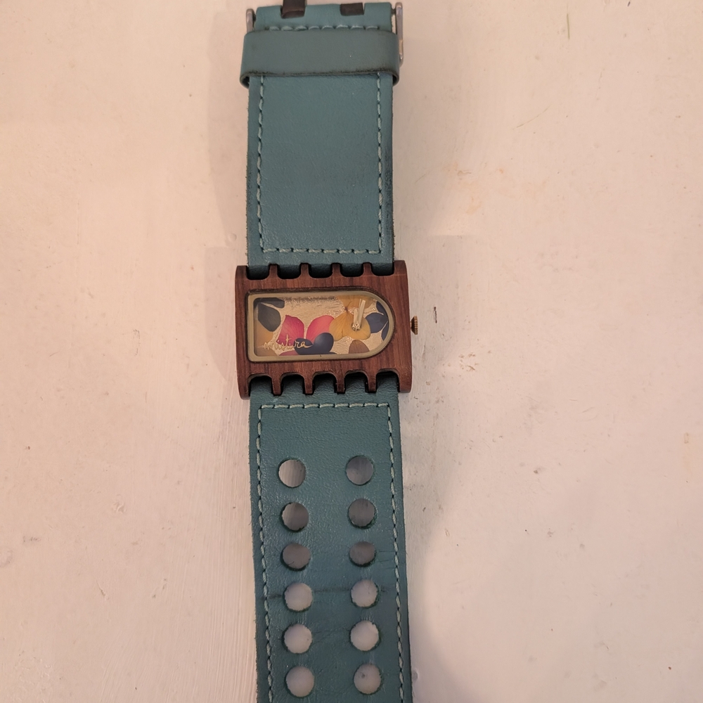Teal Leather Strap Wooden Watch